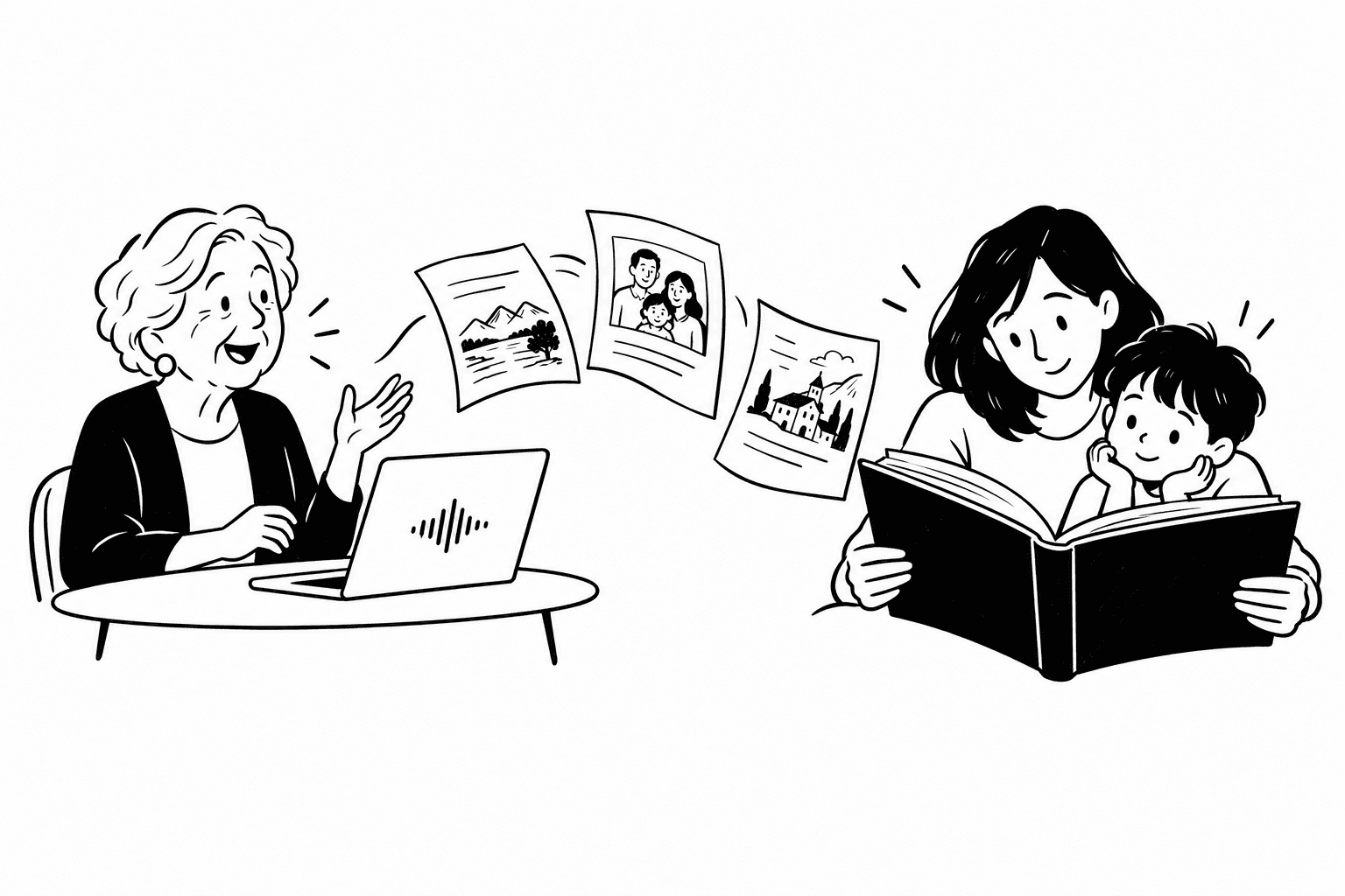 Black-and-white drawing of a grandmother sharing memories with a voice interviewer on her laptop, with story pages flowing into a book read by her daughter and grandchild