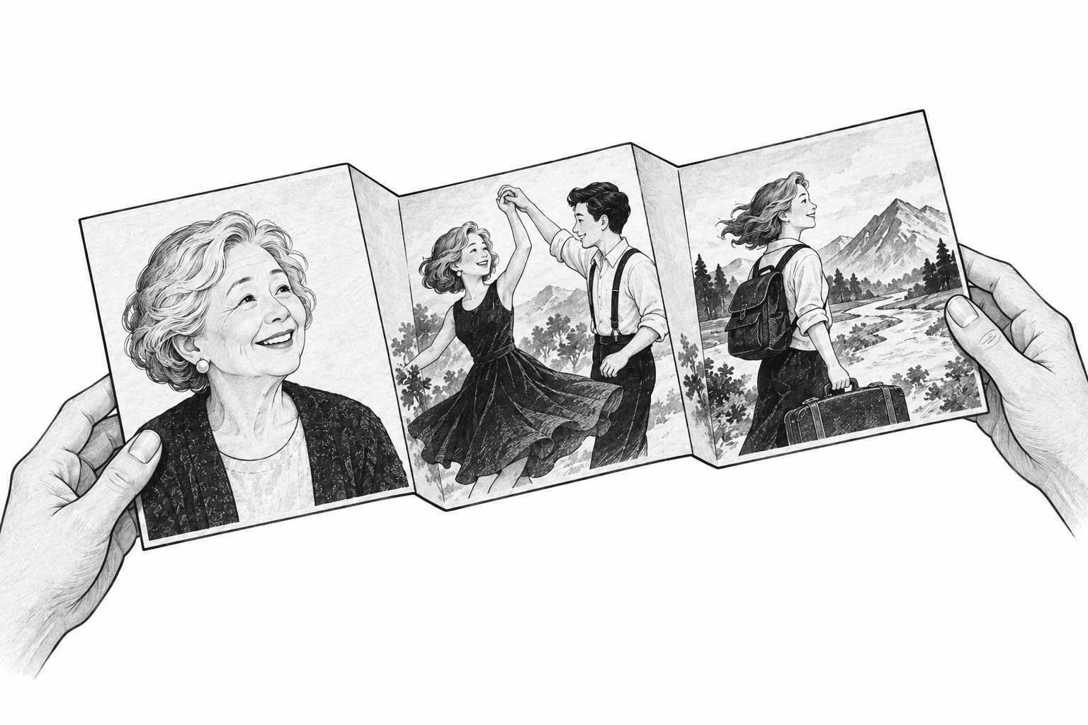 Hands unfold a familiar portrait of a grandmother to reveal earlier chapters of her life: dancing and setting off on an adventure.
