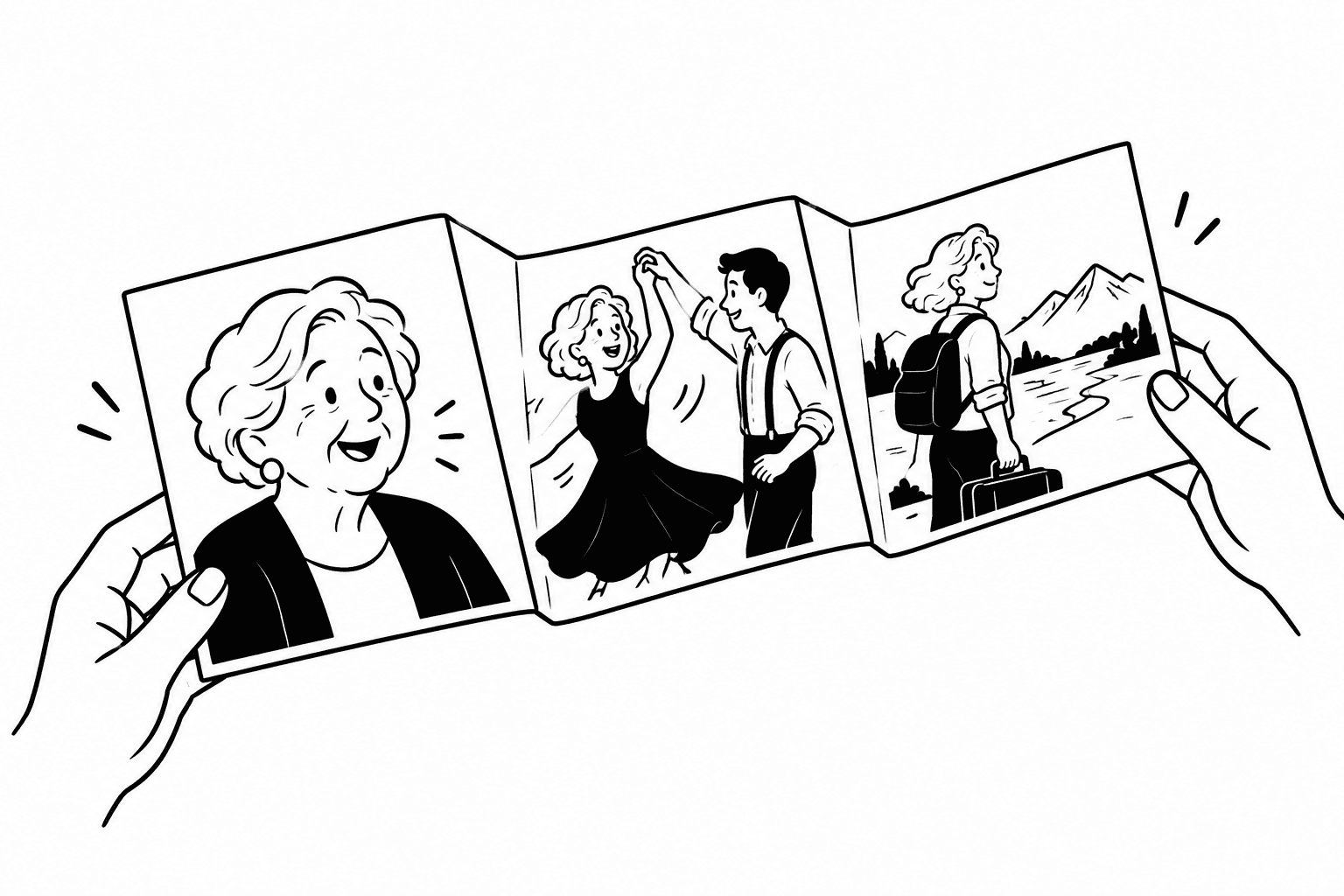 Hands unfold a familiar portrait of a grandmother to reveal earlier chapters of her life: dancing and setting off on an adventure.