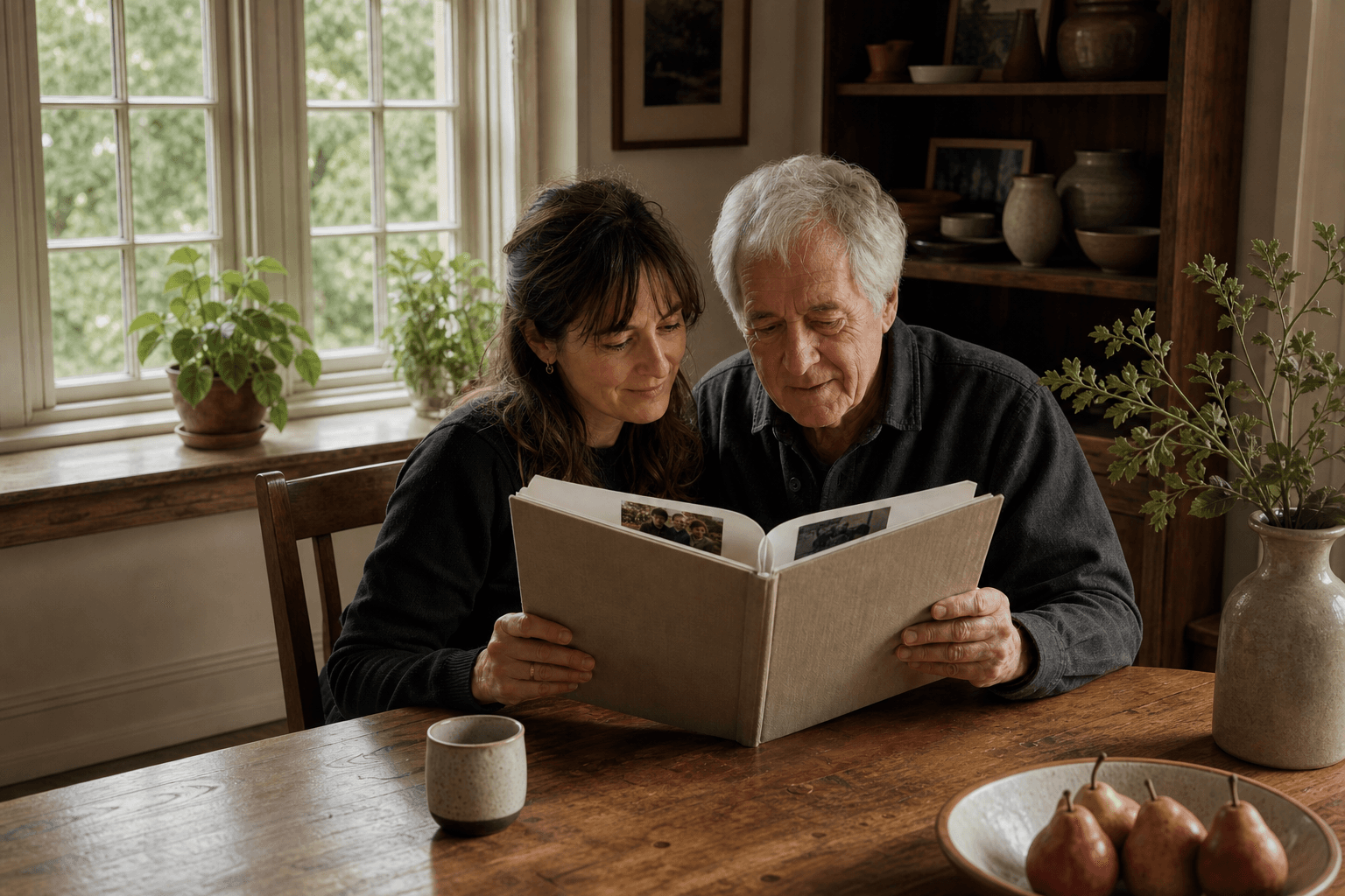 A parent and adult child reading a finished family biography together.