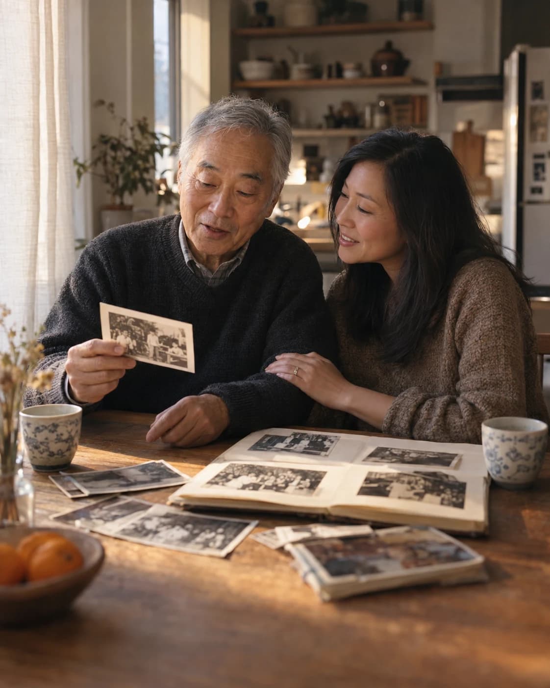 A father and his adult daughter sharing memories over a family photo album.